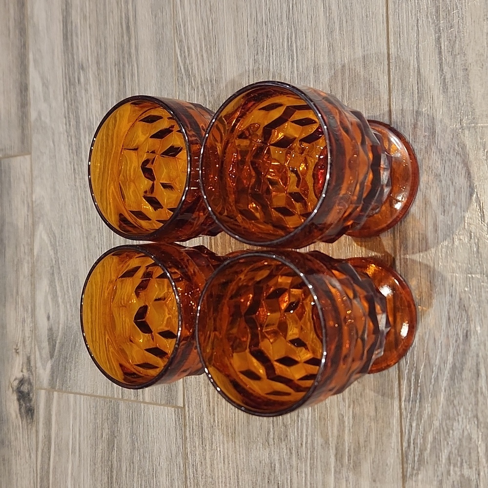 Vtg Mid Century Set of 4 Amber Indiana Glass 10 oz Tumblers in Whitehall pattern